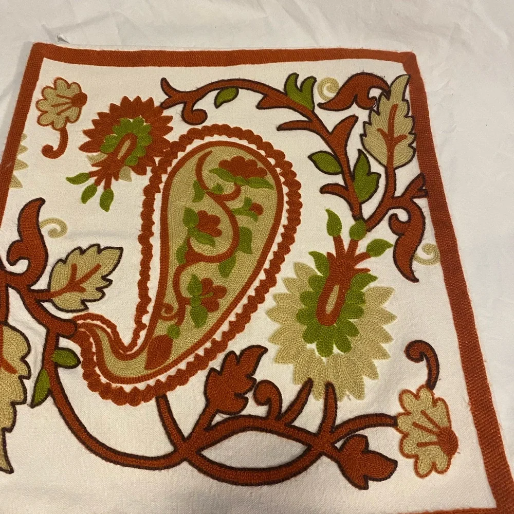 Newport Orange, Tan, Green, Knit Fabric Paisley Pillow Cushions Set of 2